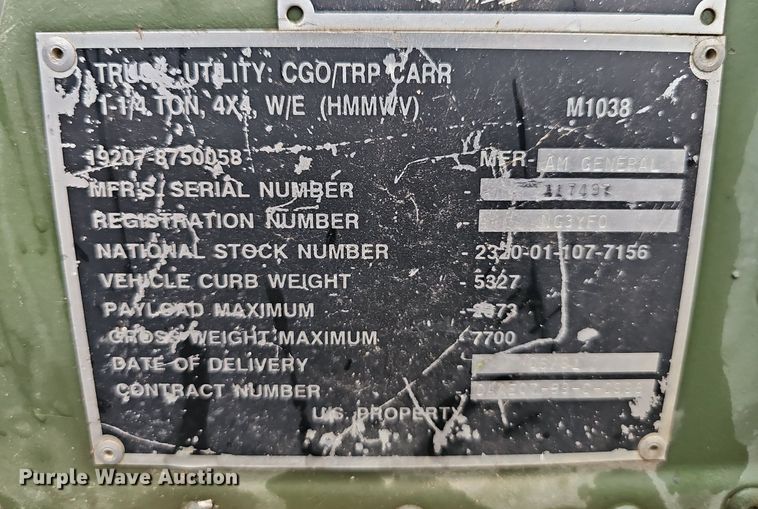 image for item NT9772 1991 AM General M1038 HUMVEE