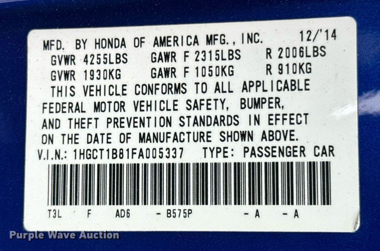image for item OD9980 2015 Honda Accord 