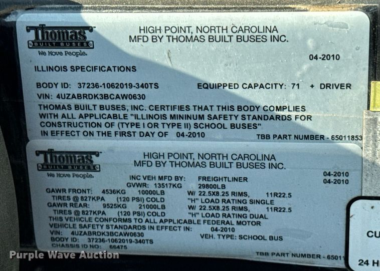 image for item OJ9446 2011 Thomas B2 school bus