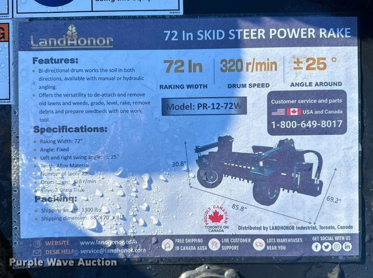 image for item OJ9411 2023 LandHonor PR-12-72W skid steer power rake