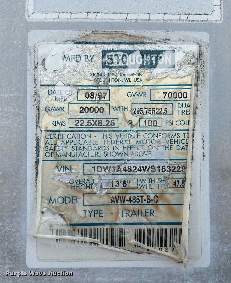 image for item DJ6229 1998 Stoughton  AVW-485T-S-C dry van trailer
