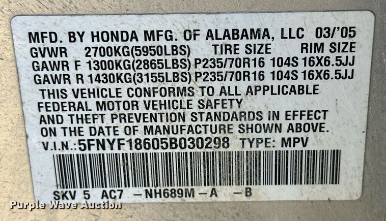 image for item DJ6238 2005 Honda  Pilot SUV