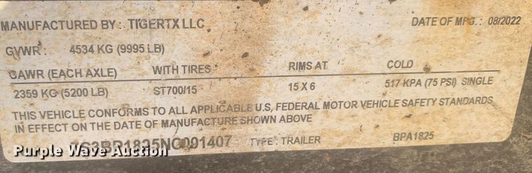 image for item DM7765 2022 Tiger BPA1825 utility trailer