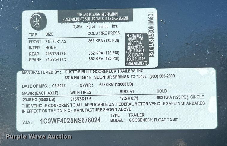 image for item DN0703 2022 Custom Built Gooseneck Trailers, Inc. Gooseneck Float TA 40' equipment trailer