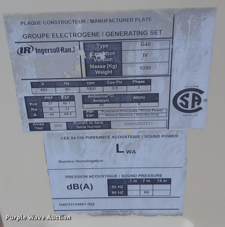 image for item DV9772 2002 Ingersoll-Rand G40 generator