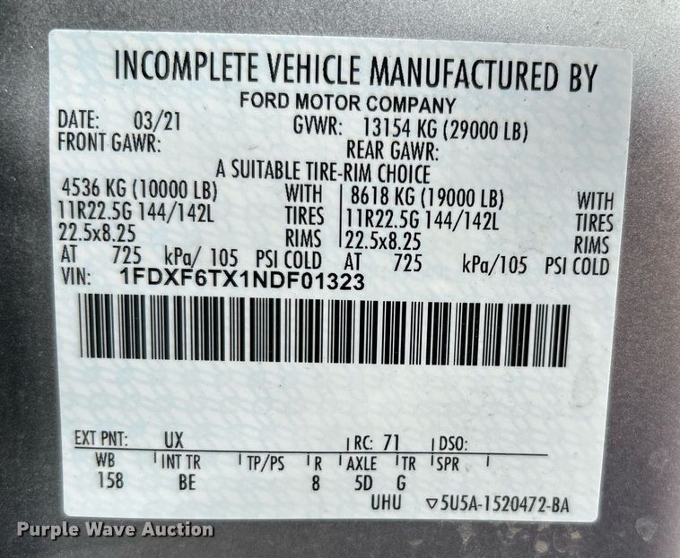 image for item EG1188 2022 Ford F650 Super Duty truck cab and chassis
