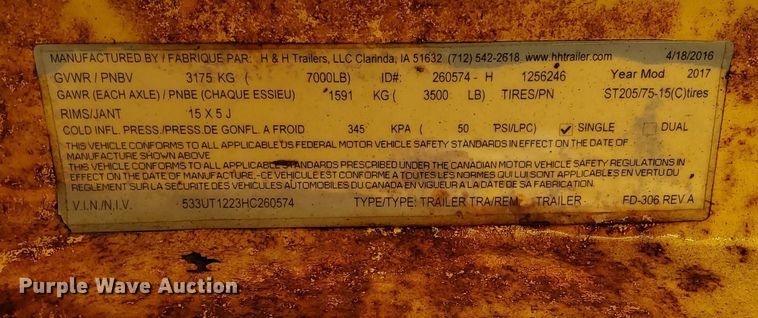 image for item EI3503 2017 H&H FD-306 REV A utility trailer