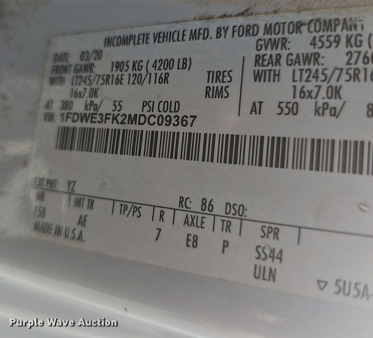 image for item EJ5854 2021 Ford E350 Super Duty delivery van