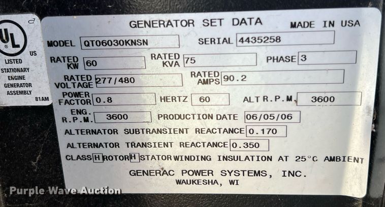 image for item KV9832 Generac  QT06030KNSN generator