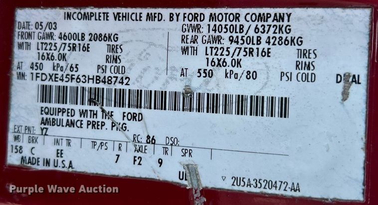 image for item NR9452 2003 Ford E450 Super Duty van cab and chassis