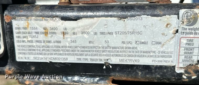 image for item NU9344 2013 MMDI utility trailer