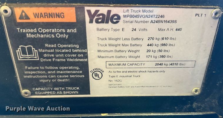 image for item OF9294 Yale  MPB045VGN24T2246 pallet jack