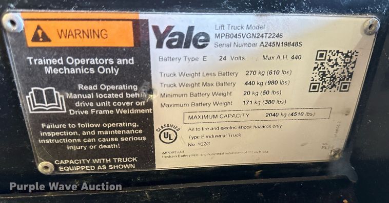 image for item OF9295 Yale  MPB045VGN24T2246 pallet jack
