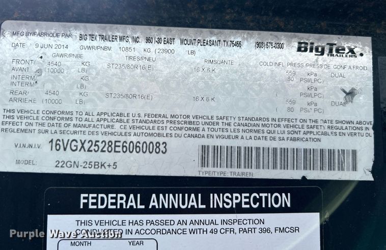 image for item OI9546 2014 Big Tex 22GN-25BK+5 equipment trailer