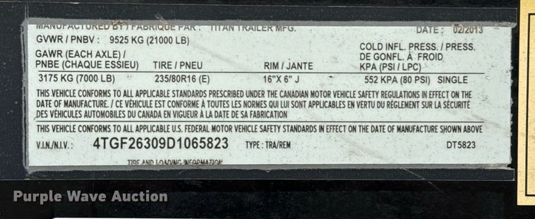 image for item OJ9463 2013 Titan equipment trailer