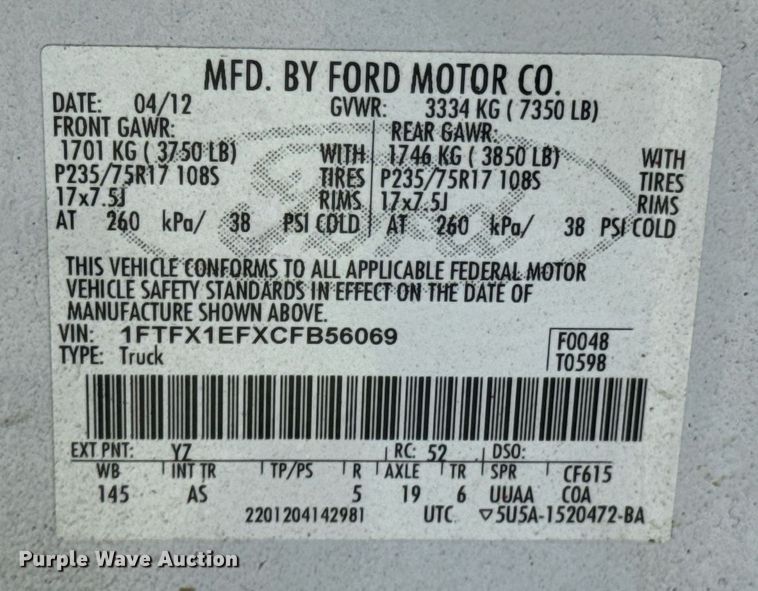 image for item OJ9479 2012 Ford F150 XL SuperCab pickup truck