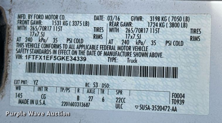 image for item OJ9483 2016 Ford  F150 XL SuperCab pickup truck