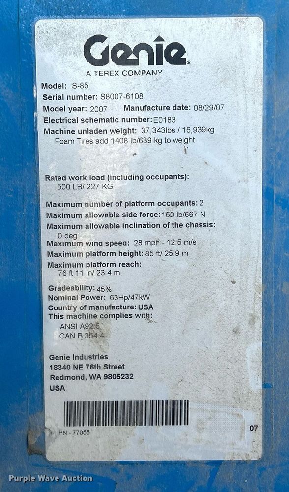 image for item DS0807 2007 Genie S-85 boom lift