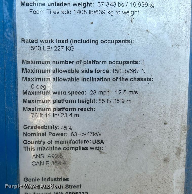 image for item DS0807 2007 Genie S-85 boom lift