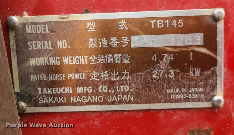 image for item DS7272 2004 Takeuchi  TB145 mini excavator