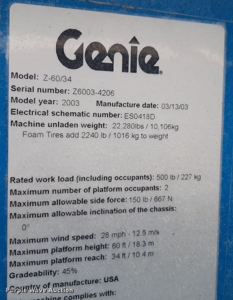image for item DV9851 2003 Genie Z-60/34 boom lift