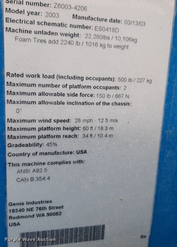 image for item DV9851 2003 Genie Z-60/34 boom lift