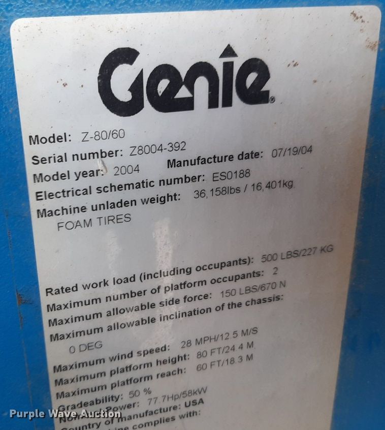 image for item DV9853 2004 Genie Z-80/60 boom lift