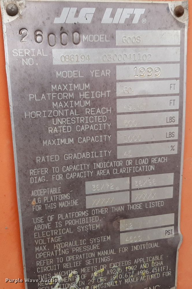 image for item DV9854 1999 JLG 600S boom lift