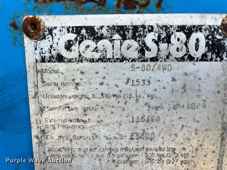 image for item EI0664 1999 Genie S-80 boom lift