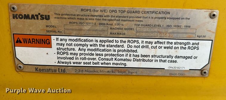 image for item EJ0198 2018 Komatsu  PC170LC-11 excavator