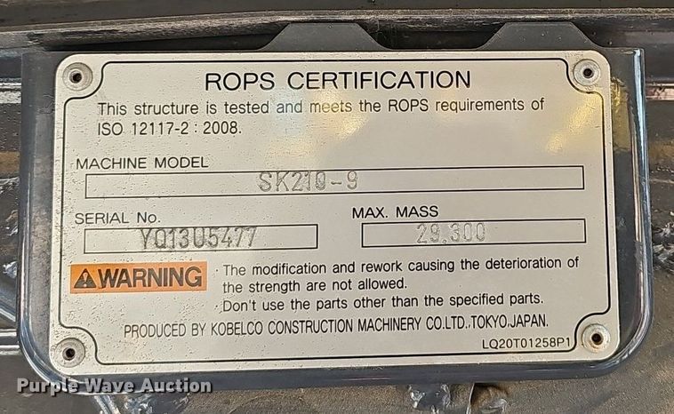 image for item EJ5926 2012 Kobelco  SK210-9 excavator