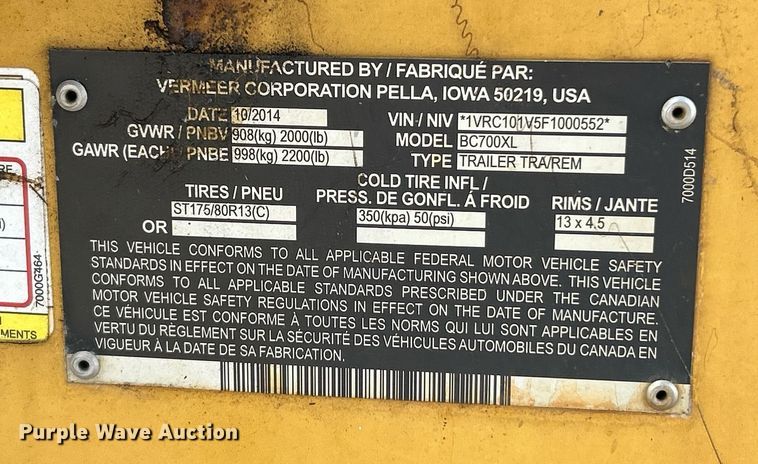 image for item EK4056 2015 Vermeer BC700XL wood chipper