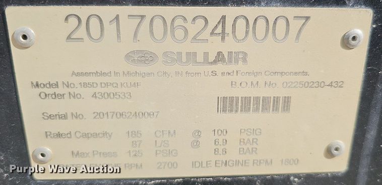 image for item IO9847 2017 Sullair 185D DPQ KU4F air compressor