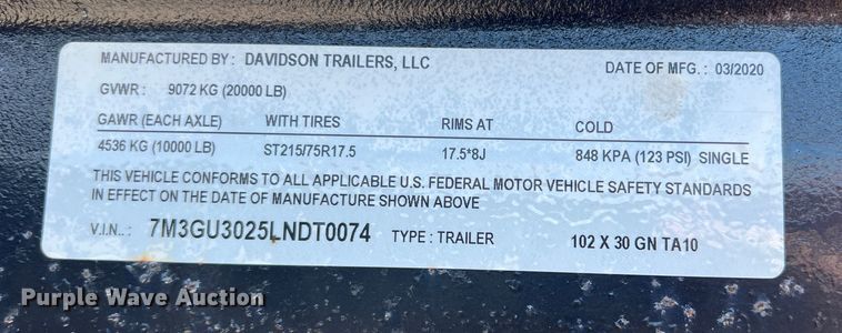 image for item JT9020 2020 Davidson  equipment trailer