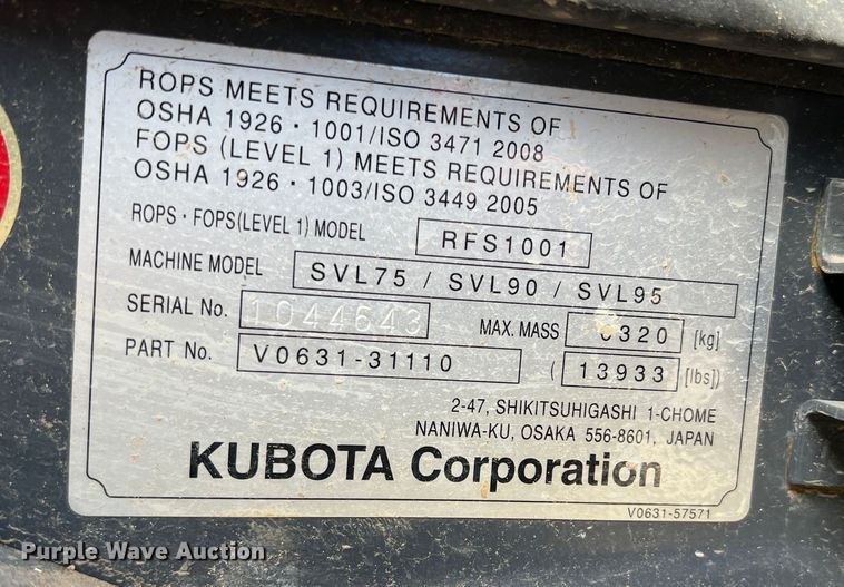 image for item JT9027 2021 Kubota SVL 95-2s tracked skid steer loader