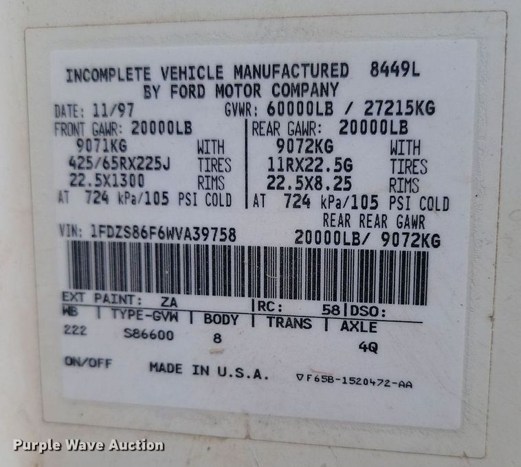 image for item LA9631 1998 Ford S86 ready mix truck