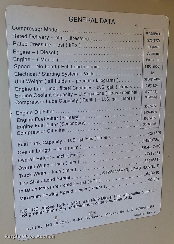 image for item LA9700 1999 Ingersoll Rand  P375WCU air compressor
