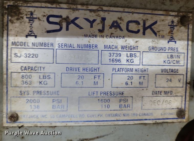 image for item LC9828 1996 Skyjack SJ3220 scissor lift