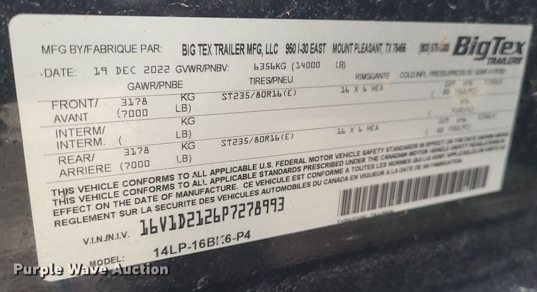 image for item LJ9480 2023 Big Tex 14LP-16BK6-P4 dump trailer