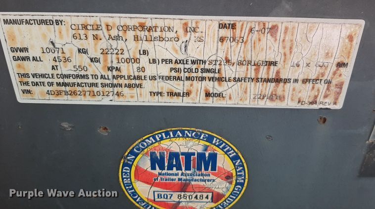 image for item LT9790 2007 Circle D equipment trailer