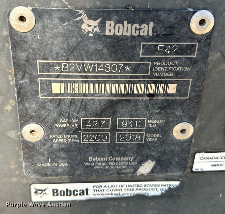 image for item NM9279 2018 Bobcat E42 mini excavator
