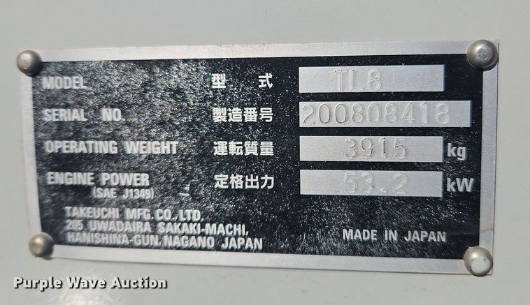 image for item NZ9152 2019 Takeuchi TL8 tracked skid steer loader
