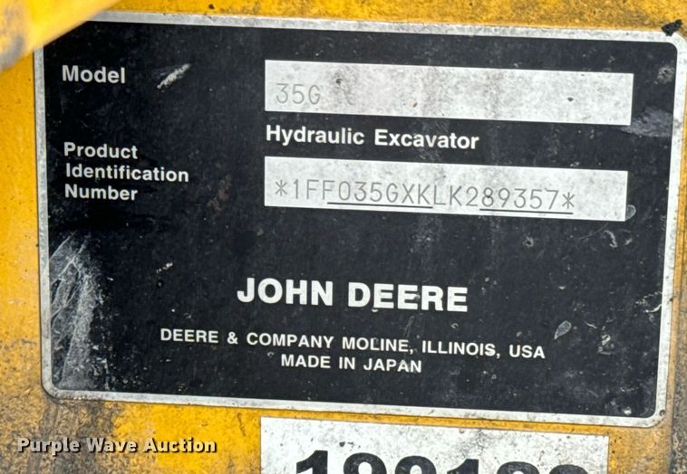 image for item OJ9461 2020 John Deere 35G mini excavator