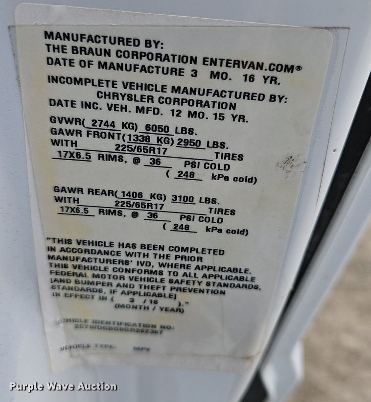 image for item DM1541 2016 Braun handicap accessible van