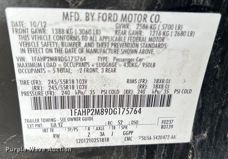 image for item KV9812 2013 Ford Taurus Police Interceptor 