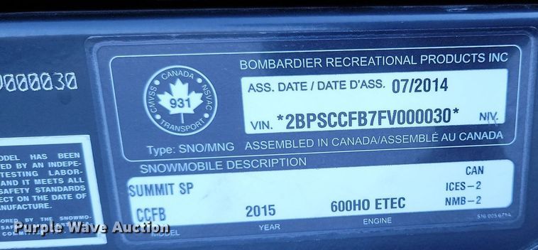 image for item LA9721 2015 Ski-Doo Summit SP 600 HDE-TECH snowmobile