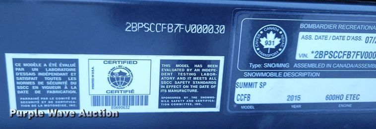 image for item LA9721 2015 Ski-Doo Summit SP 600 HDE-TECH snowmobile