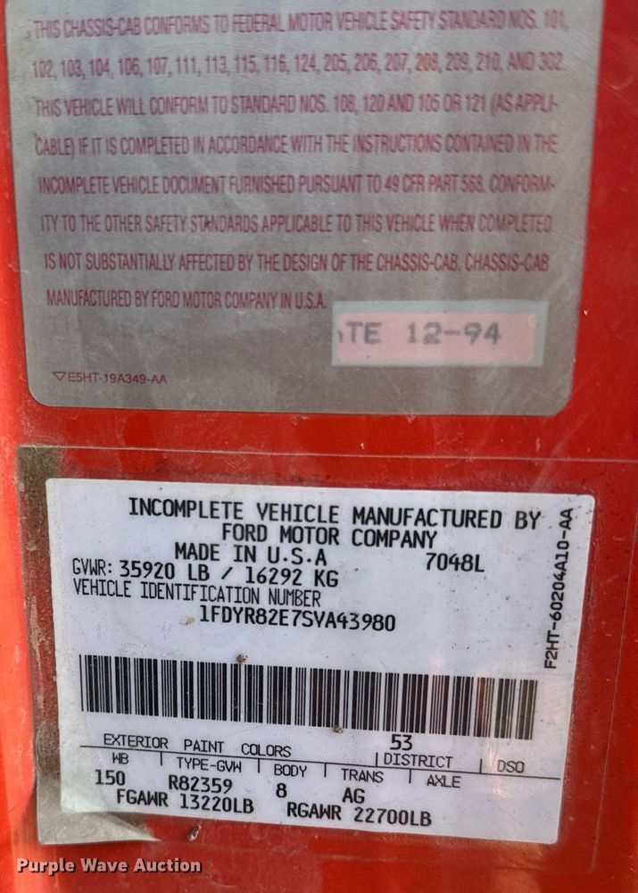 image for item NF9338 1995 Ford L8000 dump truck