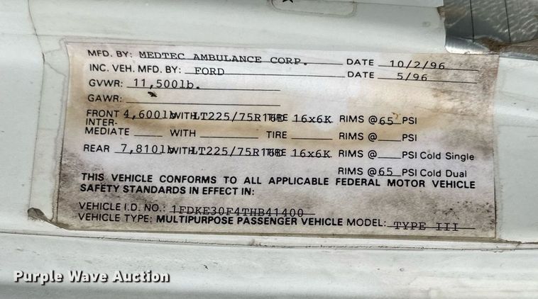 image for item NJ9368 1996 Ford F350 ambulance