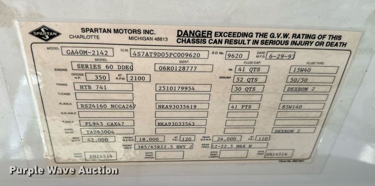 image for item NU9436 1993 Spartan  GA40M-2142 pumper fire truck